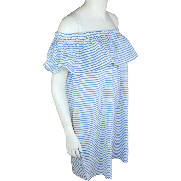 Revolve Line & Dot Dress Womens Large Lea‎ Blue White Stripe Off Shoulder Ruffle - Picture 11 of 15